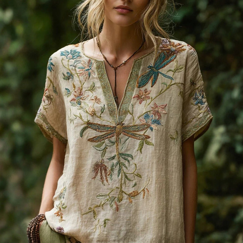 Bertille | Haut Vintage avec Détails Libellules et Fleurs